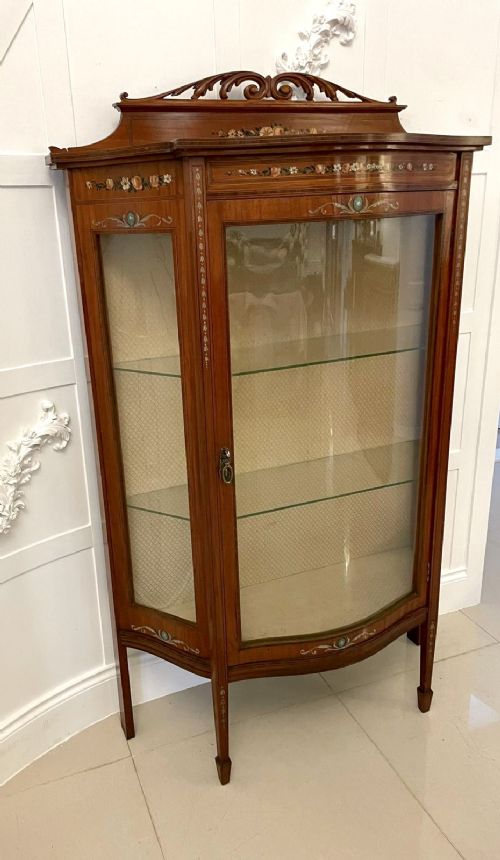 Antique Victorian Satinwood Display Cabinet with Original Painted Decoration 