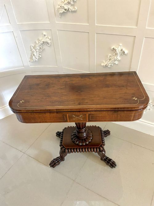 FINE QUALITY ANTIQUE REGENCY CARVED ROSEWOOD BRASS INLAID CARDSIDE TABLE - ADDITIONAL PHOTO 2