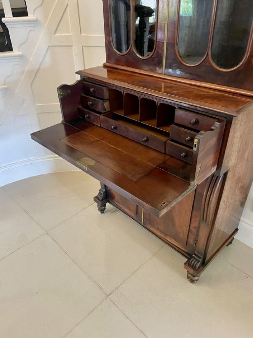 SMALL ANTIQUE REGENCY QUALITY FIGURED MAHOGANY SECRETAIRE BOOKCASE - ADDITIONAL PHOTO 1