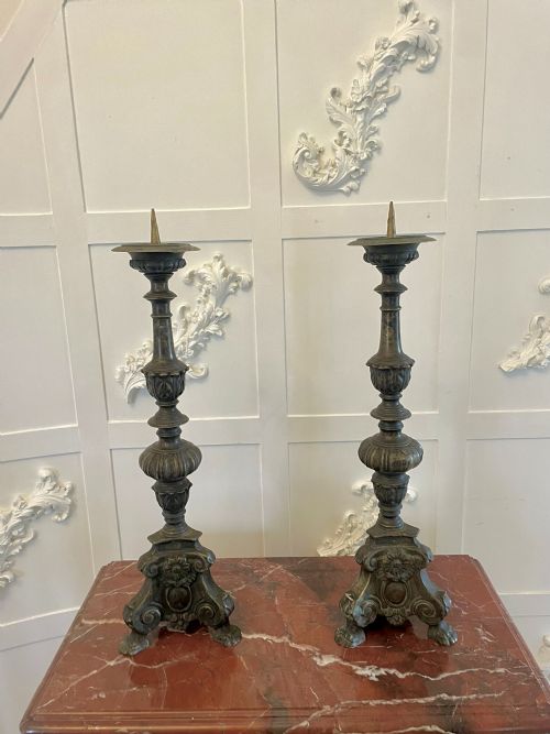 Unusual Pair of Large Antique Victorian Ornate Brass Pricket Candlesticks