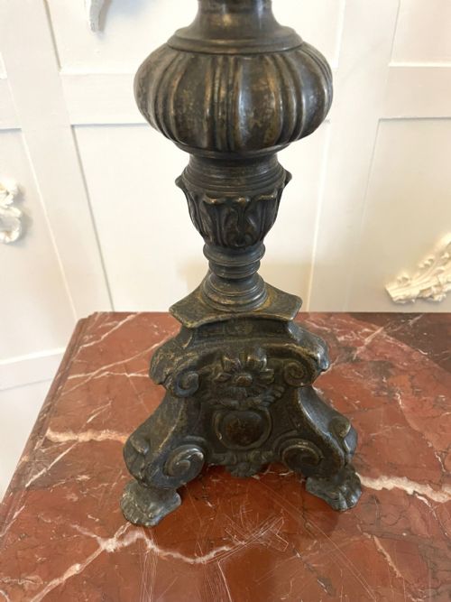 UNUSUAL PAIR OF LARGE ANTIQUE VICTORIAN ORNATE BRASS PRICKET CANDLESTICKS - ADDITIONAL PHOTO 3