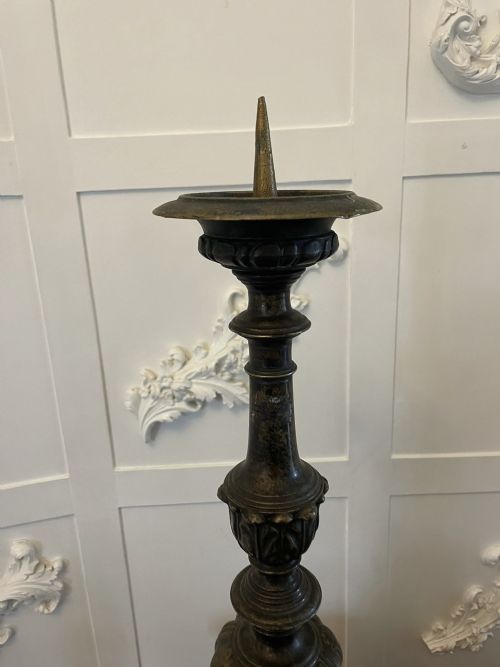 UNUSUAL PAIR OF LARGE ANTIQUE VICTORIAN ORNATE BRASS PRICKET CANDLESTICKS - ADDITIONAL PHOTO 6