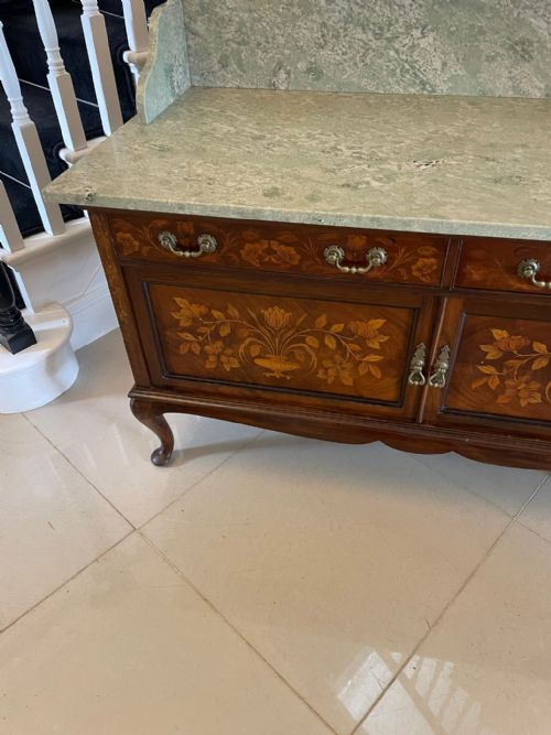 fig 1. Outstanding Quality Antique Victorian Figured Walnut Floral Marquetry Inlaid Marble Top Washstand/Cabinet