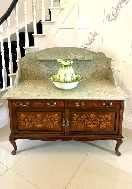 fig 3. Outstanding Quality Antique Victorian Figured Walnut Floral Marquetry Inlaid Marble Top Washstand/Cabinet