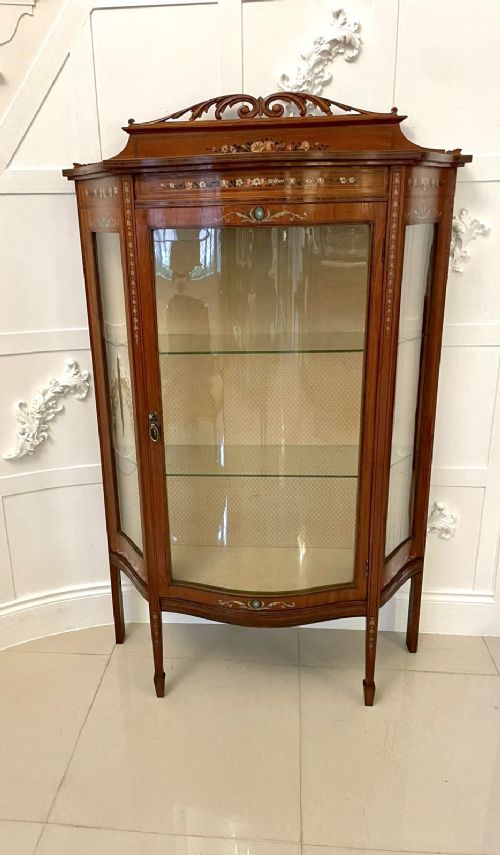 Fine Quality Antique Victorian Satinwood Display Cabinet with Original Painted Decoration 
