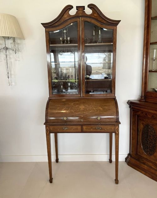 Fine Quality Antique Victorian Mahogany Inlaid Cylinder Bookcase