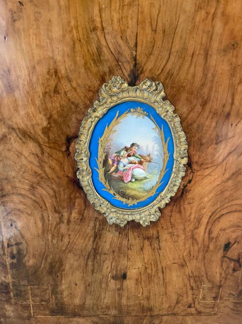 fig 1. Outstanding Quality Pair Of Antique Victorian Inlaid Burr Walnut and Porcelain Mounted Pier Cabinets