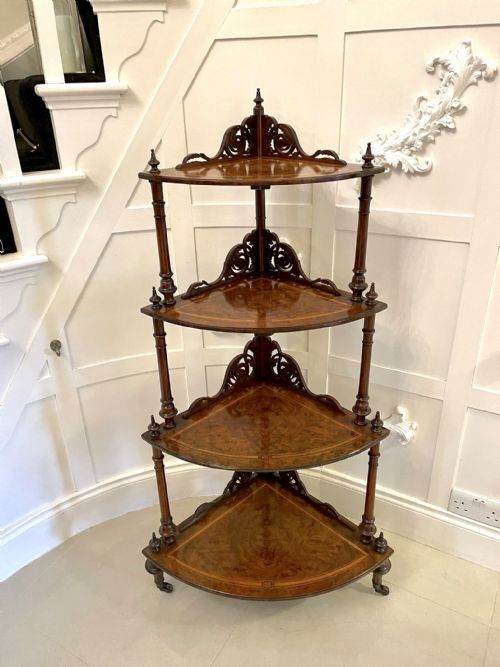 Quality Antique Victorian Inlaid Burr Walnut Corner Whatnot