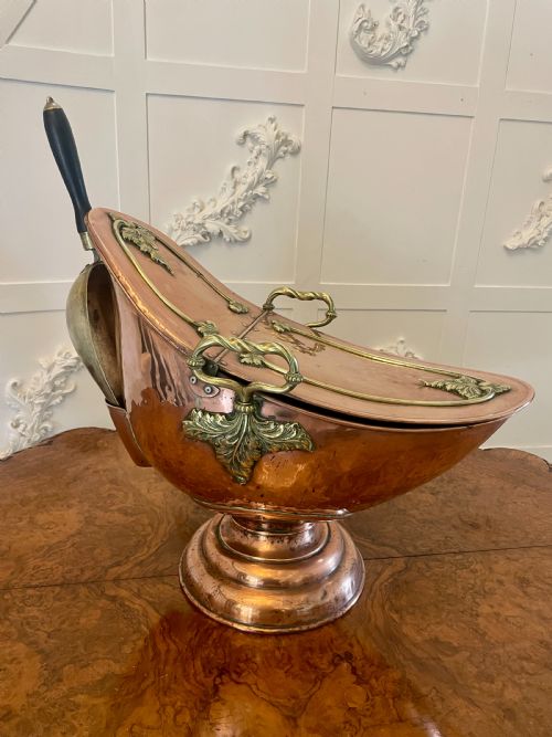 Unusual Antique Victorian Quality Copper and Brass Large Coal Scuttle
