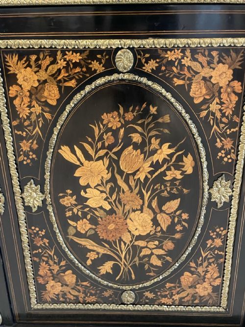 OUTSTANDING QUALITY ANTIQUE VICTORIAN EBONISED AND INLAID FLORAL MARQUETRY CREDENZASIDEBOARD - ADDITIONAL PHOTO 3