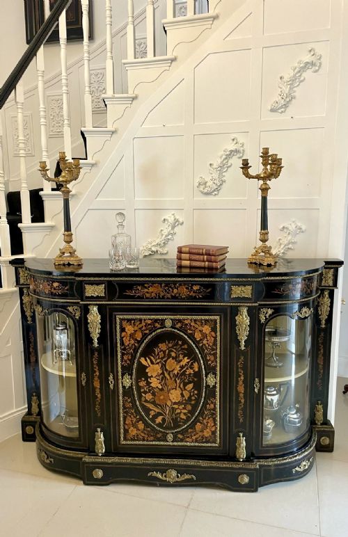 OUTSTANDING QUALITY ANTIQUE VICTORIAN EBONISED AND INLAID FLORAL MARQUETRY CREDENZASIDEBOARD - ADDITIONAL PHOTO 4