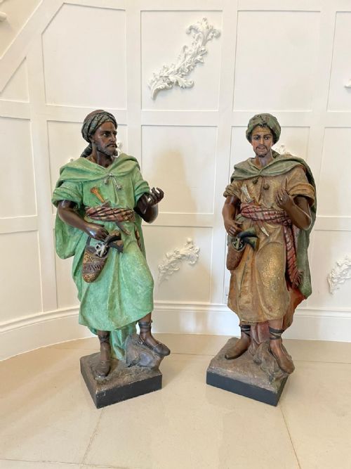 Spectacular Pair of Large Antique Quality Orientalist Polychromed Plaster Arabesque or Moorish Figures