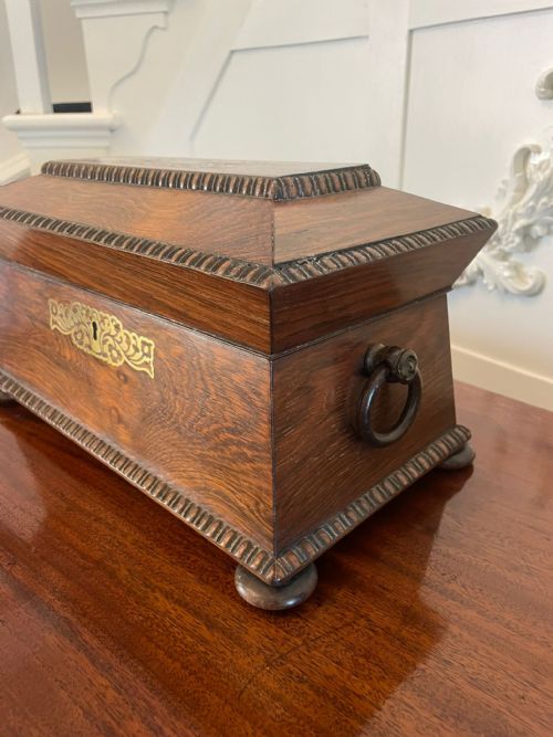 FINE ANTIQUE REGENCY INLAID BRASS ROSEWOOD TEA CADDY - ADDITIONAL PHOTO 7