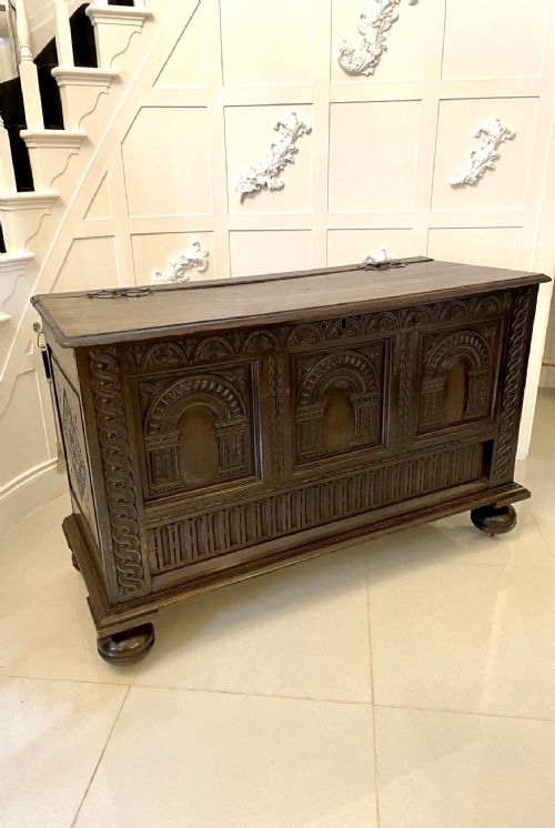 Large 17th Century Antique Quality Carved Oak Coffer