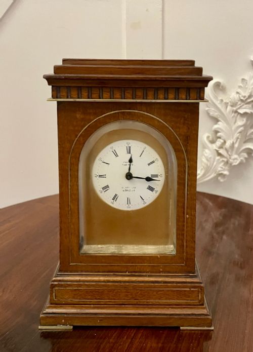 Unusual Antique Victorian Quality Mahogany Brass Inlaid Desk Clock by Dent of London