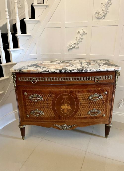 Antique Victorian Quality French Kingwood and Marquetry Inlaid Marble Top Commode/chest of Drawers