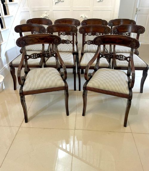 Fine Set of 10 Antique Regency Quality Carved Mahogany Dining Chairs