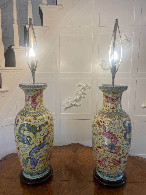 Large Pair of Antique 19th Century Chinese Porcelain Vase Lamps 105 X 24 Cm