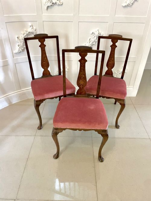 Outstanding Quality Set of 3 Antique Victorian Figured Walnut Marquetry Inlaid Bedroom Chairs