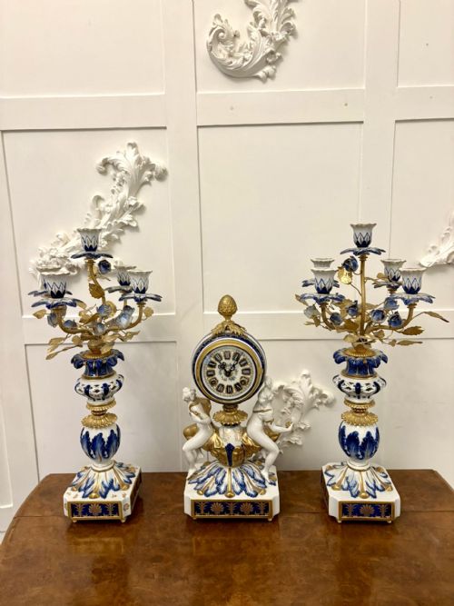 Outstanding Quality Large Antique Victorian French Porcelain and Gilded Metal Clock Set