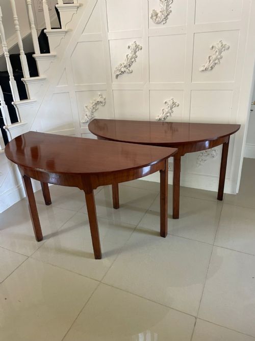 Large Pair of Antique George III Quality Figured Mahogany Demi Lune Shaped Console Tables