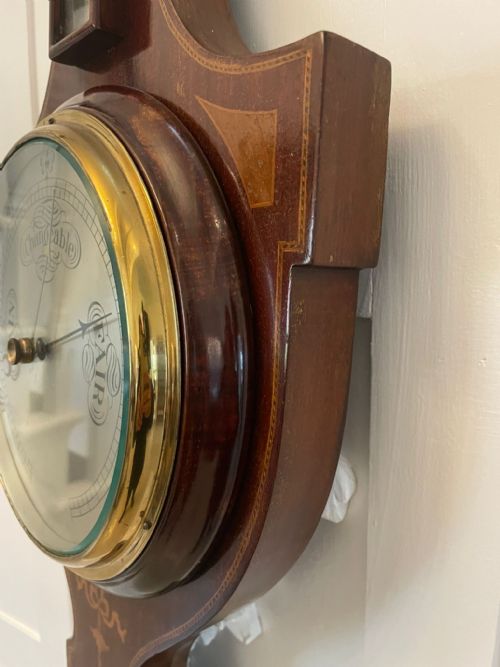 ANTIQUE EDWARDIAN QUALITY MAHOGANY INLAID ANEROID BANJO BAROMETER - ADDITIONAL PHOTO 11