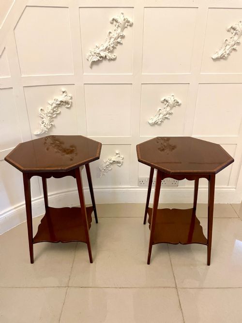 Pair of Antique Edwardian Quality Figured Mahogany Inlaid Lamp Tables