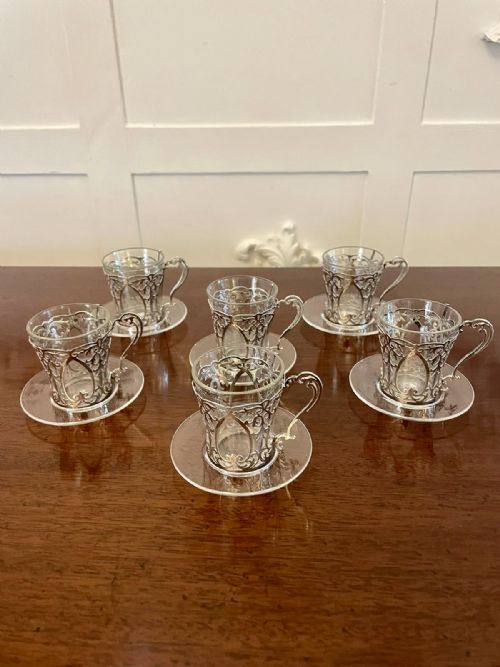 Fine Quality Set of 6 Antique Edwardian Solid Silver and Glass Coffee Cups