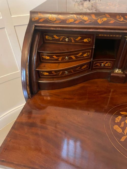 ANTIQUE 18TH CENTURY QUALITY MAHOGANY FLORAL MARQUETRY INLAID CYLINDER BUREAU - ADDITIONAL PHOTO 10