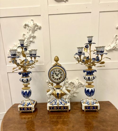 OUTSTANDING QUALITY LARGE ANTIQUE VICTORIAN FRENCH PORCELAIN AND GILDED METAL CLOCK SET