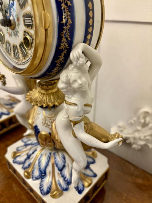 fig 3. Outstanding Quality Large Antique Victorian French Porcelain and Gilded Metal Clock Set
