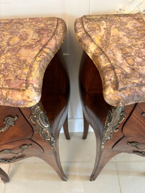 PAIR OF ANTIQUE QUALITY FRENCH KINGWOOD MARBLE TOP MARQUETRY INLAID BEDSIDE CABINETS - ADDITIONAL PHOTO 5