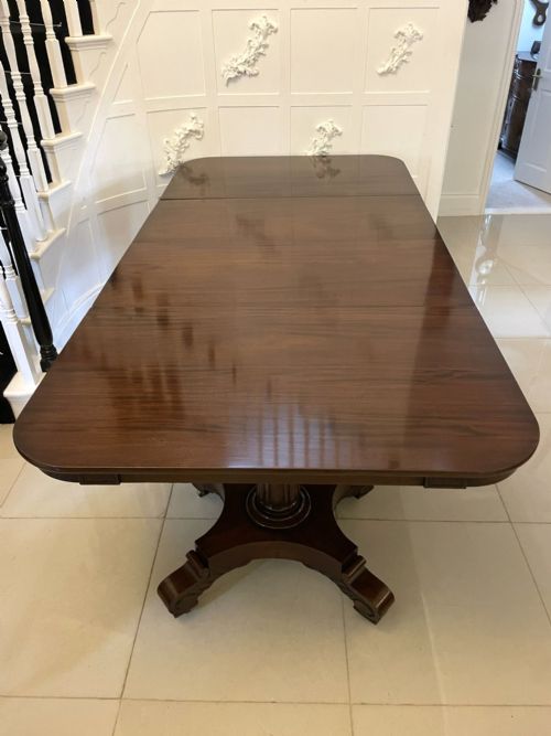 EXCEPTIONAL QUALITY ANTIQUE REGENCY FIGURED MAHOGANY TRIPLE PEDESTAL 1012 SEATER DINING TABLE