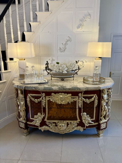 ANTIQUE RARE FINE PAIR OF FRENCH MARQUETRY AND GILT BRONZE MOUNTED COMMODES IN THE LOUIS XVI STYLE AFTER JEANHENRI RIESENER - ADDITIONAL PHOTO 1