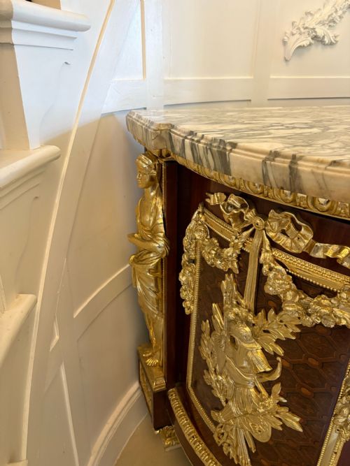 ANTIQUE RARE FINE PAIR OF FRENCH MARQUETRY AND GILT BRONZE MOUNTED COMMODES IN THE LOUIS XVI STYLE AFTER JEANHENRI RIESENER - ADDITIONAL PHOTO 8