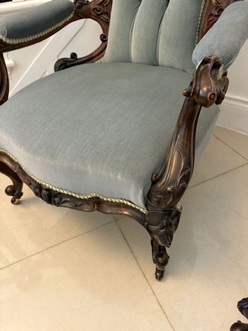 OUTSTANDING QUALITY PAIR OF ANTIQUE VICTORIAN CARVED WALNUT LADIES AND GENTLEMENS CHAIRS - ADDITIONAL PHOTO 11