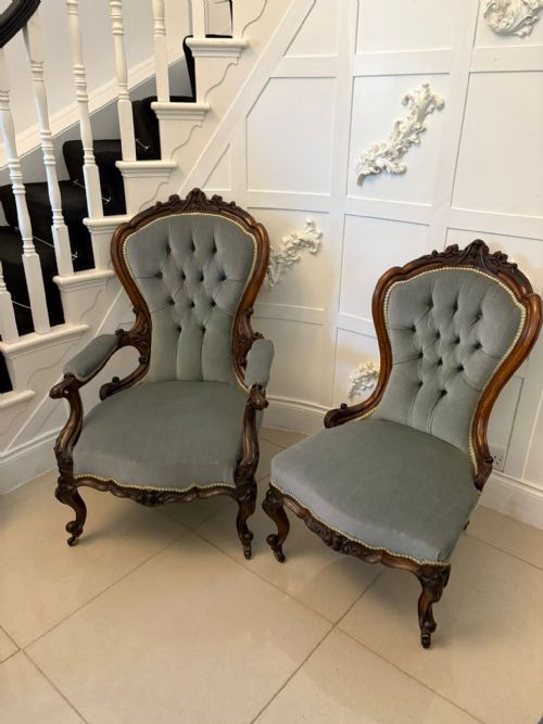 OUTSTANDING QUALITY PAIR OF ANTIQUE VICTORIAN CARVED WALNUT LADIES AND GENTLEMENS CHAIRS - ADDITIONAL PHOTO 19