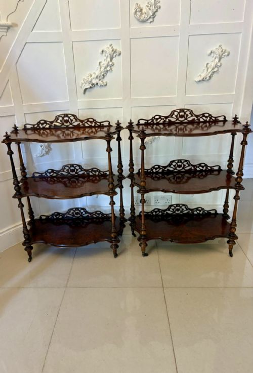 Unusual Pair of Antique Victorian Quality Burr Walnut Whatnots