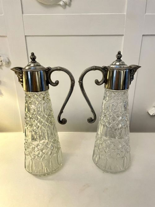 PAIR OF ANTIQUE EDWARDIAN QUALITY SILVER PLATED AND CUT GLASS CLARET JUGS - ADDITIONAL PHOTO 1