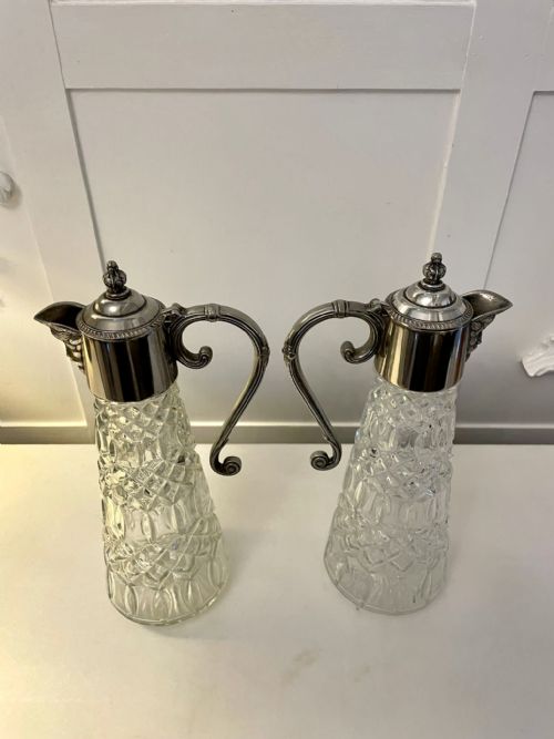 PAIR OF ANTIQUE EDWARDIAN QUALITY SILVER PLATED AND CUT GLASS CLARET JUGS - ADDITIONAL PHOTO 2