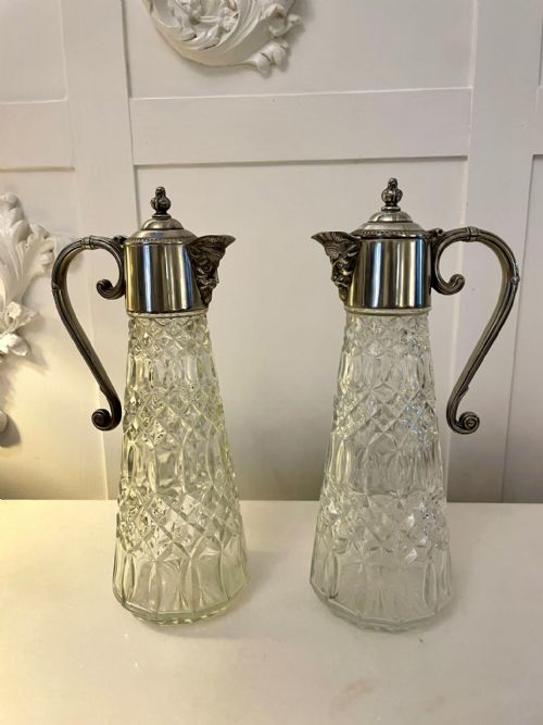 PAIR OF ANTIQUE EDWARDIAN QUALITY SILVER PLATED AND CUT GLASS CLARET JUGS - ADDITIONAL PHOTO 9
