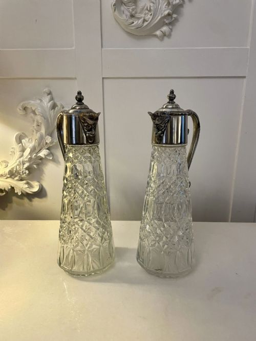 PAIR OF ANTIQUE EDWARDIAN QUALITY SILVER PLATED AND CUT GLASS CLARET JUGS - ADDITIONAL PHOTO 10