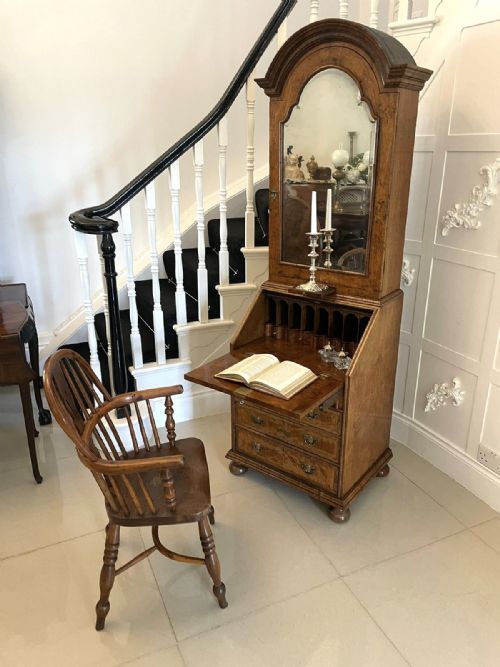 fig 1. Outstanding Quality Antique Queen Anne Style Burr Walnut Bureau Bookcase