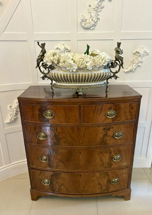 fig 1. Antique George III Quality Figured Mahogany Bow Fronted Chest of 5 Drawers