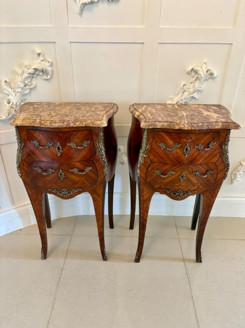 Pair of Antique Quality French Kingwood Marble Top Marquetry Inlaid Bedside Cabinets