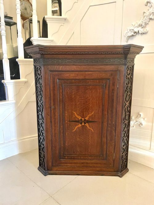 OUTSTANDING ANTIQUE GEORGE III QUALITY OAK INLAID HANGING CORNER CABINET - ADDITIONAL PHOTO 9