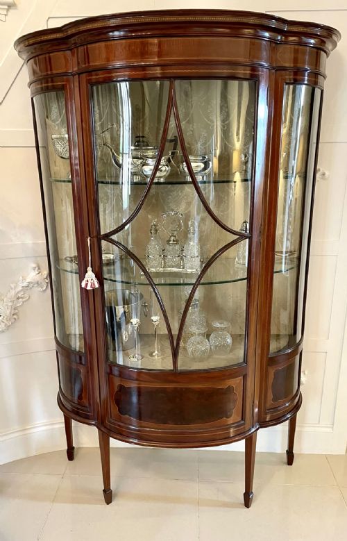 FINE QUALITY ANTIQUE EDWARDIAN INLAID MAHOGANY SHAPED DISPLAY CABINET - ADDITIONAL PHOTO 1