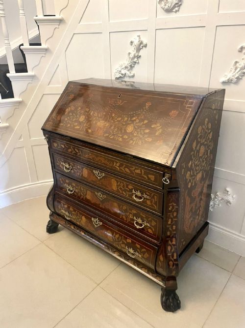 ANTIQUE 18TH CENTURY QUALITY MAHOGANY FLORAL MARQUETRY INLAID BOMBE SHAPED BUREAU - ADDITIONAL PHOTO 12