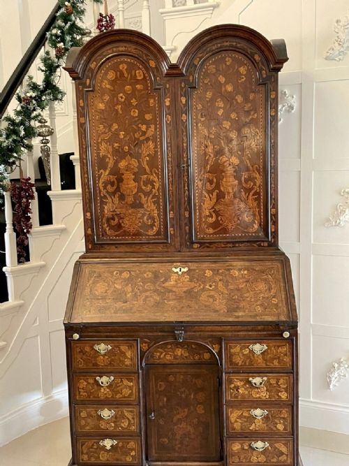 ANTIQUE WILLIAM AND MARY OUTSTANDING QUALITY BURR WALNUT INLAID MARQUETRY DOUBLE DOME BUREAU BOOKCASE - ADDITIONAL PHOTO 11