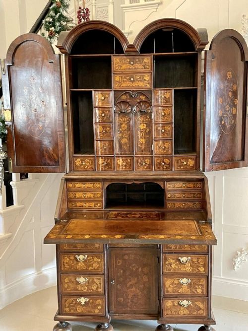 ANTIQUE WILLIAM AND MARY OUTSTANDING QUALITY BURR WALNUT INLAID MARQUETRY DOUBLE DOME BUREAU BOOKCASE - ADDITIONAL PHOTO 12